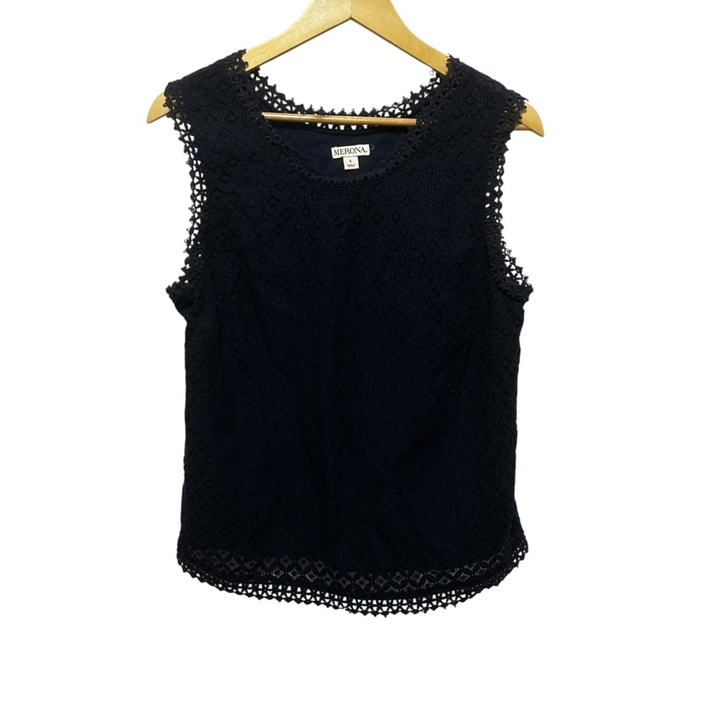 Merona Women‎ Cottagecore Boho Lace Shell Top Large Black Sleeveless Eyelet Trim